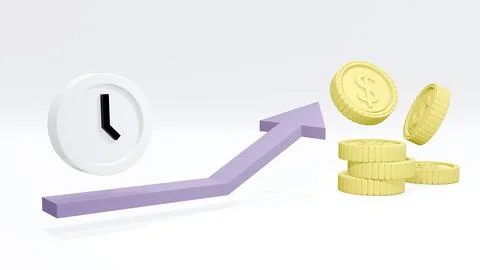 3D Rendering concept of time and money management: a clock icon, an arrow p.. 스톡 일러스트