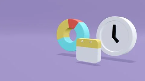 3D Rendering concept of time management: a clock ,a pie chart and a calenda.. 스톡 일러스트