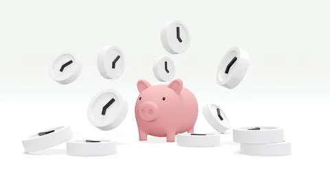 3D Rendering concept of time management. White clocks and a piggy bank on b.. Stock Photos