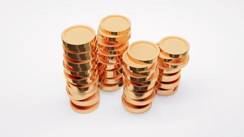 3D Rendering concept of treasury, money, financial. Gold coins stacks on wh.. Stock Photos