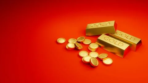 3D Rendering concept of treasury, wealth, rich. Golds, golden coins, on red.. Stock Illustration