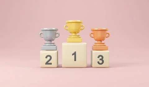 3D Rendering concept of winner. Set of trophy in gold silver bronze on winn.. Stock Illustration