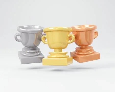 3D Rendering concept of winner. Set of trophy in gold silver bronze on whit.. Stock Photos