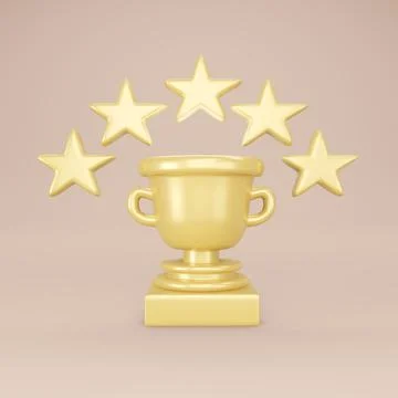 3D Rendering concept of winner. Trophy with stars in gold on pink backgroun.. Stock Illustration
