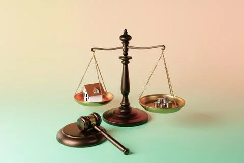 3D Rendering of a conceptual image of justice featuring a scale with a hous.. Stock Illustration