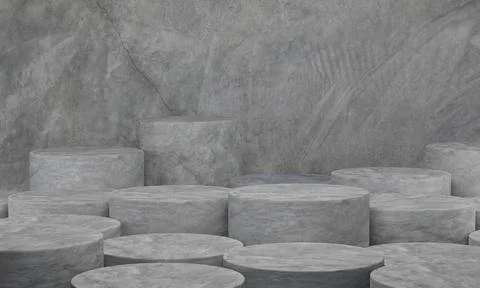 3D rendering. Concrete abstract background. Cement cylinder platform minimal  Stock Photos