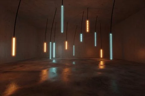 3d rendering of concrete empty room background with illuminated hanging cy... Stock Photos