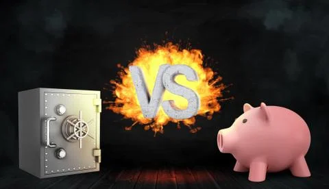 3d rendering of concrete letters VS surrounded by fire stand between a metal イラスト素材