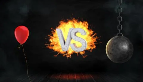 3d rendering of a concrete letters VS surrounded by fire stand between a red Stock Illustration