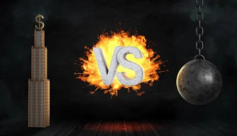 3d rendering of a concrete letters VS caught on fire between a business building イラスト素材