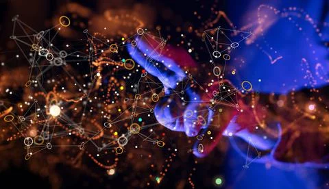 3D rendering of connected circles near the fingers Stockfoto's