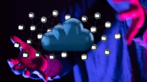 3d rendering of connected folder icons and a cloud hovering between man's pal Fotos de archivo