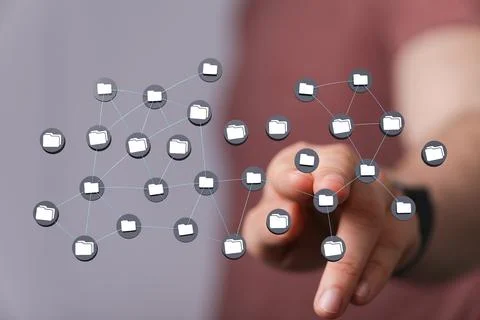 3D rendering of connected folders; data network and digital info Foto stock