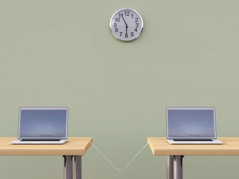 3D rendering, Connected laptops under wall clock Illustrazione stock