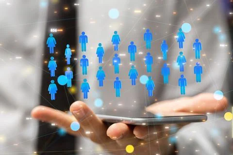 3d rendering of connected profile icons floating on a phone Stockfoto's