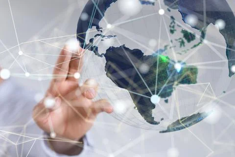 3D rendering of connecting lines and dots with a globe in the background and a Stock Photos