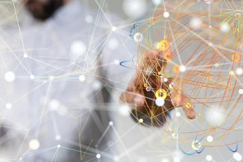 3D rendering of the connecting lines and dots with a businessman in the Stock Photos