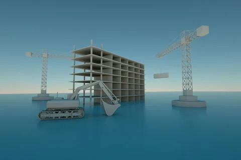 3D rendering construction concept with crane excavator and residential building Ilustración de archivo