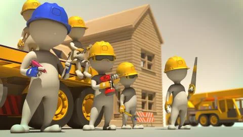 3d rendering of construction crew giving pose in front of finished house Stock Illustration