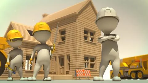 3d rendering of construction crew giving pose in front of finished house Stock Illustration