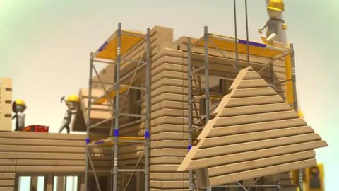 3d rendering of construction crew installing the roof Stock Illustration