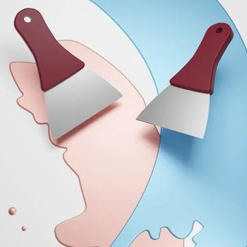 3D rendering of construction spatulas smear pearlescent blue and pink paint.. Stock Illustration