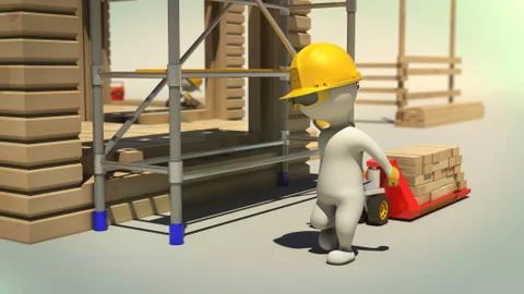 3d rendering of construction worker carrying wooden planks with trans pallet Stock Illustration