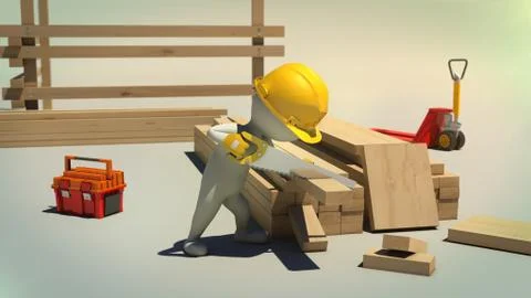 3d rendering of construction worker cutting wooden plank with handsaw Stock Illustration