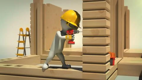 3d rendering of construction worker drilling a wooden column Stock Illustration