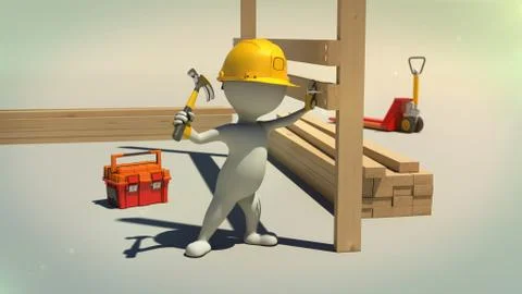 3d rendering of construction worker nails the wooden plank with hammer Stock Illustration