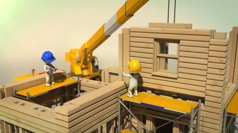3d rendering of construction workers placing a modular wall Stock Illustration