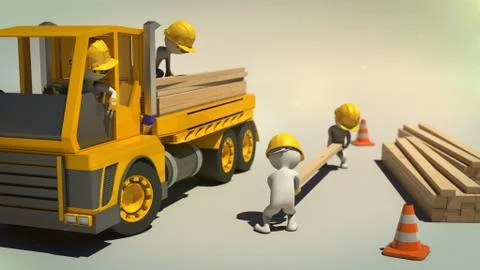3d rendering of construction workers unloading wooden planks Stock Illustration