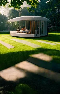 3D rendering of contemporary pavilion on green lawn in the garden Ilustración de archivo