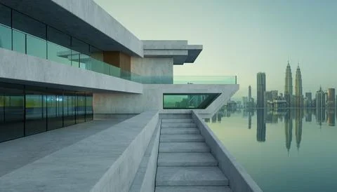 3D rendering contemporary square shape design modern Architecture building .. Ilustração Stock