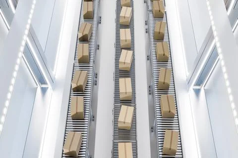 3D rendering of conveyor lines with boxes in factory Illustrazione stock