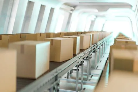 3D rendering of conveyor lines with carton boxes in factory Stock Illustration