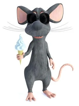 3D rendering of a cool cartoon mouse eating ice cream. Stock Illustration