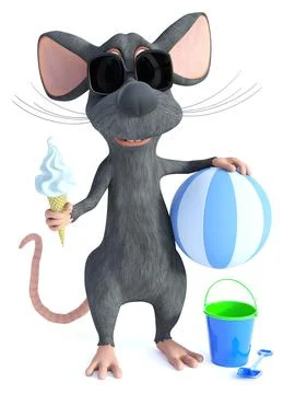 3D rendering of a cool cartoon mouse eating ice cream holding beachball. Stock Illustration