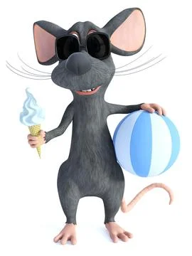 3D rendering of a cool cartoon mouse eating ice cream holding beachball. Stock Illustration
