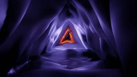 A 3D rendering of a cool futuristic triangular hallway in purple and orange c Stock Illustration