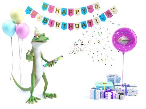 3D rendering of a cool gecko celebrating with party popper. Illustrazione stock