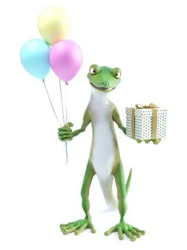 3D rendering of a cool gecko holding balloons and gift. Stock Illustration