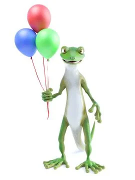 3D rendering of a cool gecko holding three balloons. Illustrazione stock
