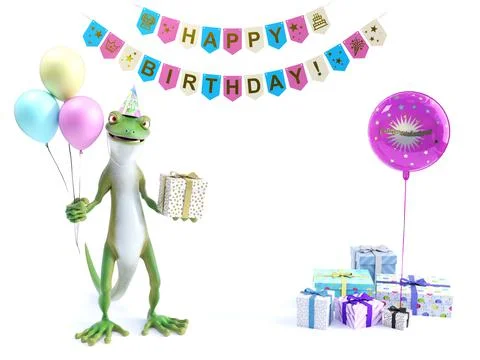 3D rendering of a cool gecko with party balloons and gifts. Stock Illustration