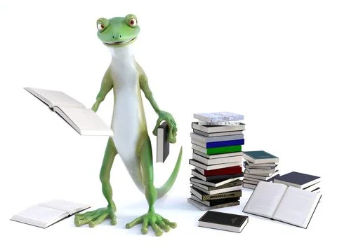3D rendering of a cool gecko reading book. Stock Illustration