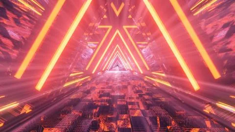 3D rendering of a cool trippy futuristic hallway in a triangular form 스톡 일러스트