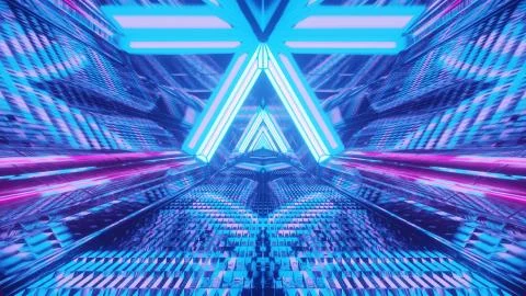 3D rendering of a cool trippy futuristic hallway in a triangular form Illustrazione stock