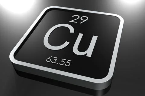A 3d rendering of the copper element from the periodic table on a black squar 스톡 일러스트