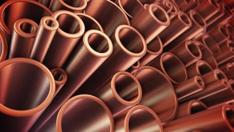 3D rendering Copper pipes. Heap of round metal tubes. Stock Illustration