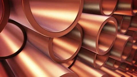 3d rendering of Copper pipes on warehouse. Dof. Stock Illustration